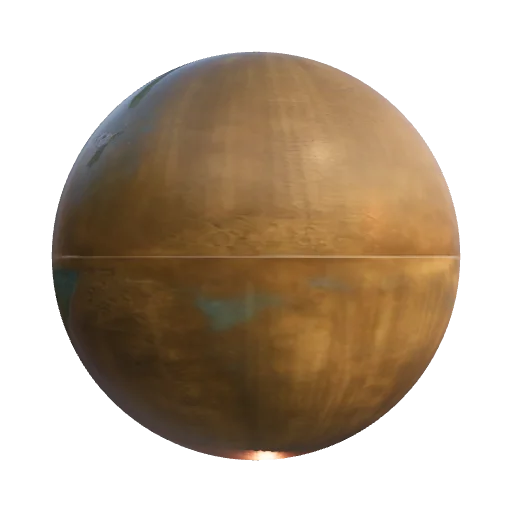 Seamless tileable PBR albedo texture of large-format architectural patinated brass panels. Rich warm golden-bronze and copper base metal with sophisticated light blue, turquoise, and verdigris oxidation patina. Flat 2D top-down orthographic view. Clean minimalist subtle panel seams, large upscale grid layout. Evenly distributed patina accents without distinct heavy stains or repetitive spots to ensure perfect large-scale tiling. Fine metallic brushed details, no harsh directional shadows, completely uniform studio lighting, 8k resolution, architectural material map. — seamless metal PBR material preview