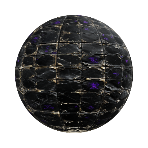 corrupted fantasy metal, dark obsidian blade, unholy glowing purple runes, scrat — seamless metal PBR material preview