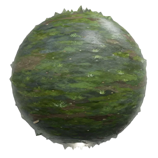 Stylized painterly fantasy grass terrain, hand-painted RTS game texture, muted
moss-green base with cool grey-green unde — seamless organic PBR material preview