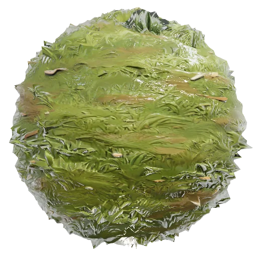 Stylized painterly fantasy grass terrain, hand-painted RTS game texture, desaturated muted green with warm olive and och — seamless organic PBR material preview