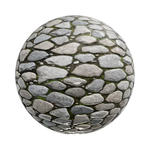 PBR texture of large cobblestone pavement, massive irregular boulders, rough stone surface, deep weathering, moss in crevices, high detail, 4K, diffuse, normal, roughness, displacement, ambient occlusion, no small tiles, ancient street texture, realistic granite and basalt stones, spherical lighting. — seamless stone PBR material preview
