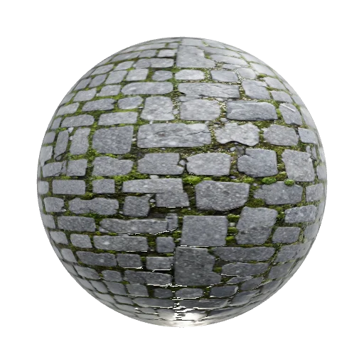 Seamless texture, top-down flat view. Old medieval cobblestone pavement, overgro — seamless stone PBR material preview