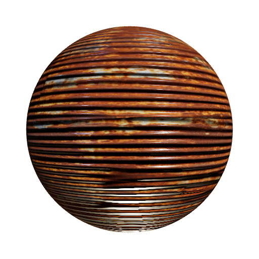 Rusted, orange corrugated metal with swirled iron oxide… — seamless metal PBR material preview