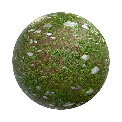 летняя зеленая трава с местами камнями и землей сухая — seamless organic PBR material preview