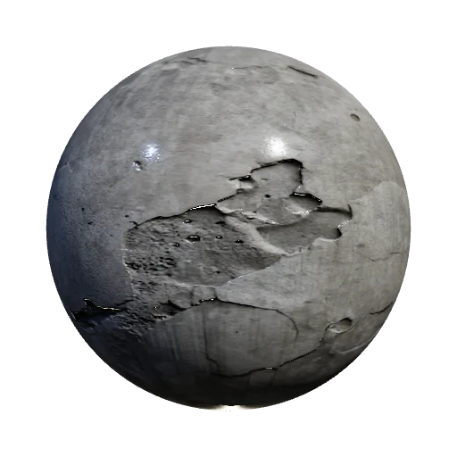 Decayed architectural concrete panel, crumbling corners, pits, holes, wind-eroded rough surface, ash grey, hyper-realist — seamless stone PBR material preview