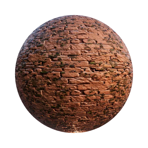 Caked adobe brick with dried mould and moss growth clusters — seamless stone PBR material preview