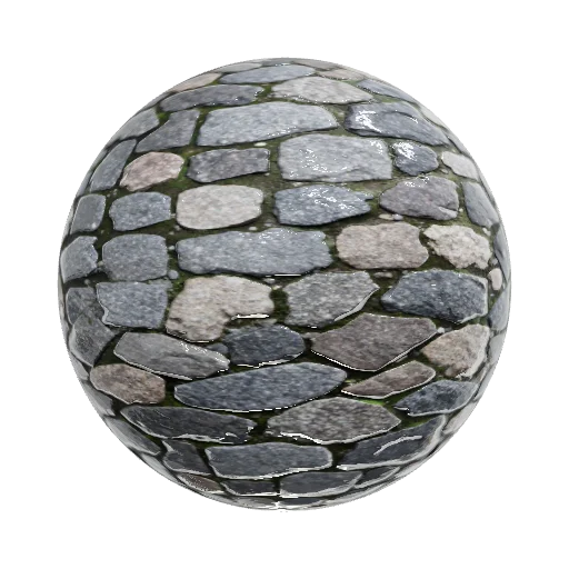PBR texture of large cobblestone pavement, massive irregular boulders, rough stone surface, deep weathering, moss in crevices, high detail, 4K, diffuse, normal, roughness, displacement, ambient occlusion, no small tiles, ancient street texture, realistic granite and basalt stones, spherical lighting. — seamless stone PBR material preview