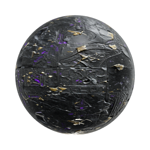 corrupted fantasy metal, dark obsidian blade, unholy glowing purple runes, scrat — seamless metal PBR material preview