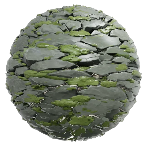 Stylized painterly fantasy mossy stone texture, hand-painted RTS game
texture, patches of muted moss and lichen growth s — seamless stone PBR material preview