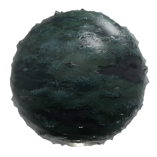 Stylized painterly fantasy grass terrain, hand-painted RTS game texture, desaturated muted moss-green with cool grey-blu — seamless organic PBR material preview