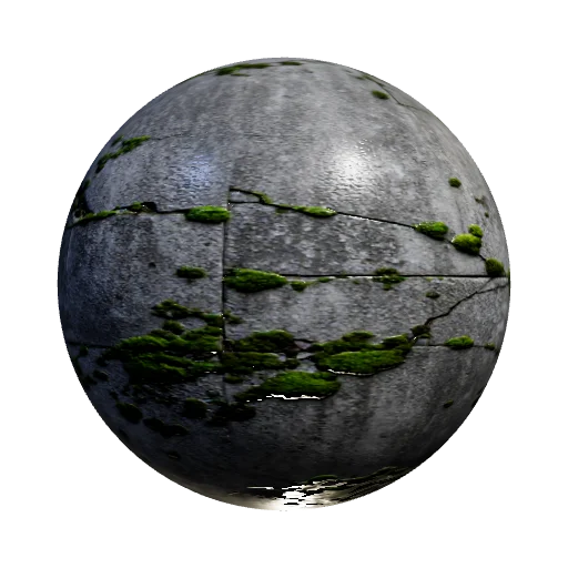 Brutalist concrete wall overgrown with green moss, damp shaded concrete surface, moss patches in cracks and crevices, ec — seamless stone PBR material preview