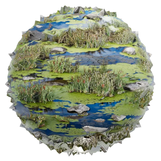 tall grass, reeds, cattails, lily pads, standing vegetation, rocks,
boulders, bright reflections, mirror-like reflection — seamless organic PBR material preview