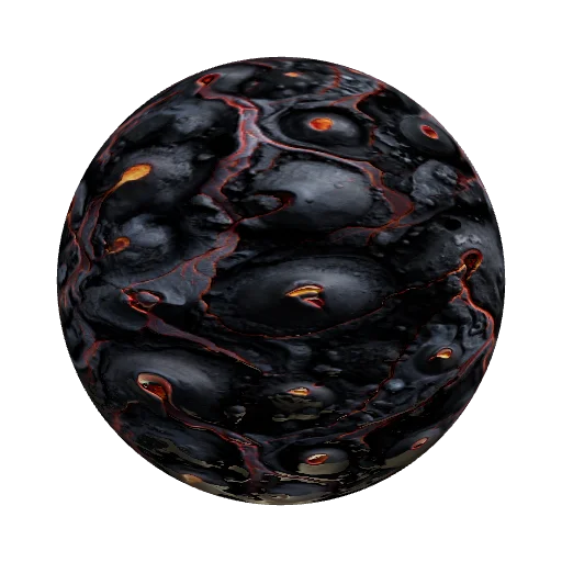 A detailed image of the surface of a lava planet, featuring a rugged terrain with textured, charred volcanic rock. The s — seamless stone PBR material preview