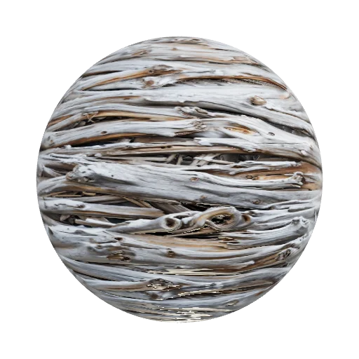 Gnarled driftwood, snowy coastal bargewreck smoothly weathered to patina gilt br — seamless organic PBR material preview
