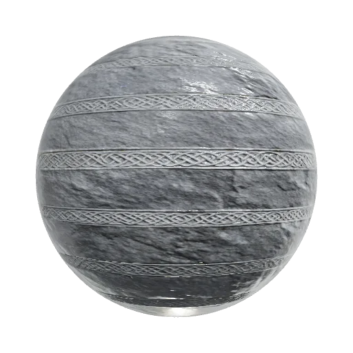 wide horizontal seamless PBR texture, grey weathered old stone, flat stone slab, a single continuous intricate fairy-tale ornament carved strictly along the center horizontal axis, middle line only, ornamental belt pattern, celtic norse slavic arabesques, deep relief carving, above and below the ornament the stone is plain rough textured, no ornaments on edges, symmetrical layout, clear midline composition, muted dark grey and silver tones, moss only in crevices, albedo normal roughness displacement, sharp carving details, tiling horizontally only, vertical unique — seamless stone PBR material preview