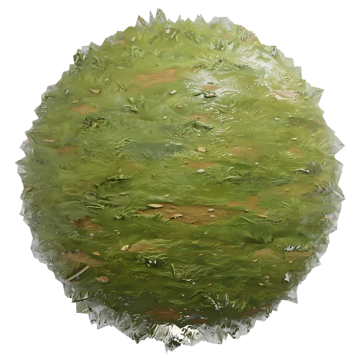 Stylized painterly fantasy grass terrain, hand-painted RTS game texture, desaturated muted green with warm olive and och — seamless organic PBR material preview