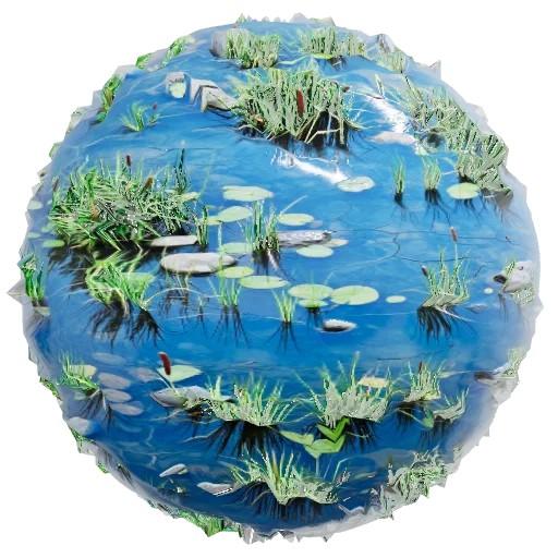 tall grass, reeds, cattails, lily pads, standing vegetation, rocks,
boulders, bright reflections, mirror-like reflection — seamless organic PBR material preview