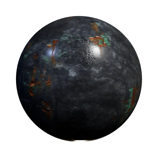 Oxidized dark metal block, brutalism style, copper-green and orange rust streaks running down, rugged architectural meta — seamless metal PBR material preview