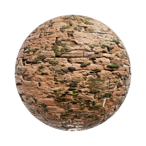 Caked adobe brick with dried mould and moss growth clusters — seamless stone PBR material preview