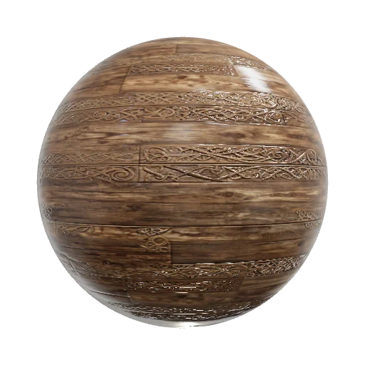 medieval well wood texture, old oak planks, fairy-tale carved ornaments on horizontal beams, intricate folk floral and geometric patterns, Celtic or Slavic style knots, vines and swirls, wood grain visible underneath carvings, weathered but not rotten, warm brown tones, ambient occlusion in the grooves, storybook illustration style, tiling material for 3D game asset, PBR ready, high resolution, 8k — seamless wood PBR material preview