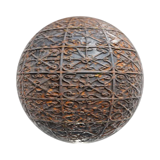 Rusted garden gate with intricate filigree details and rust spots — seamless metal PBR material preview