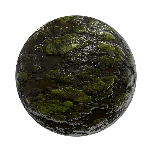 "Dark wet earth texture overgrown with vibrant emerald… — seamless ground PBR material preview