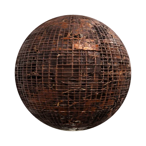 Rusted wire mesh screen with frayed edges — seamless metal PBR material preview