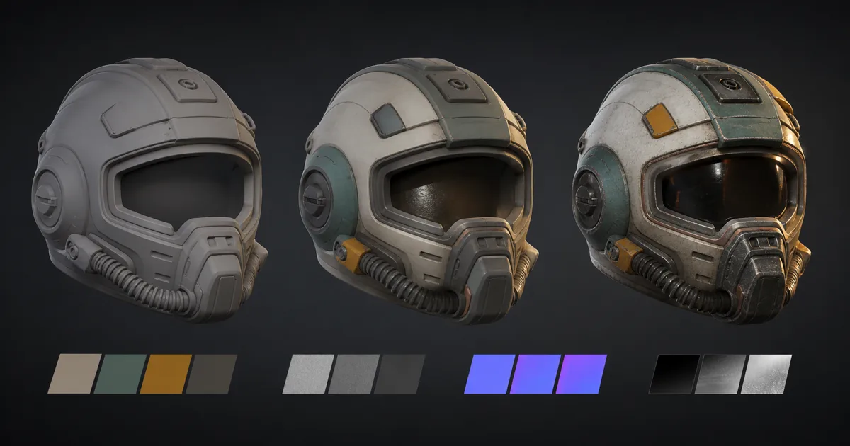 Three matching sci-fi helmets progressing from neutral clay to blocked materials and a finished weathered PBR surface