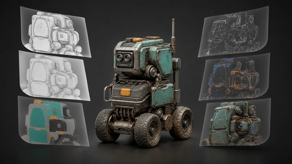 Wheeled maintenance robot surrounded by layered views of baked structure, material blocks, masks, edge treatment, and a finished PBR surface