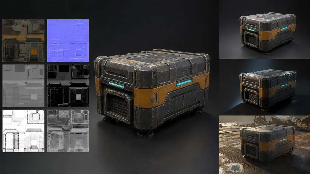 Painted sci-fi supply crate beside six coordinated PBR map samples and three lighting validation views
