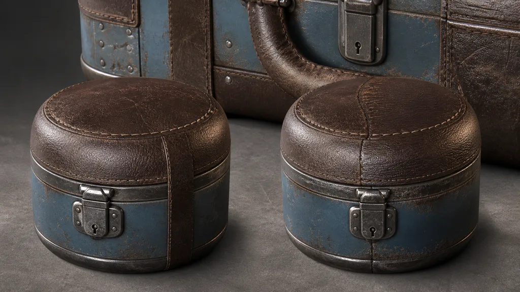 Two matching leather and painted-metal cases showing continuous material treatment beside an obvious center seam and mismatched grain