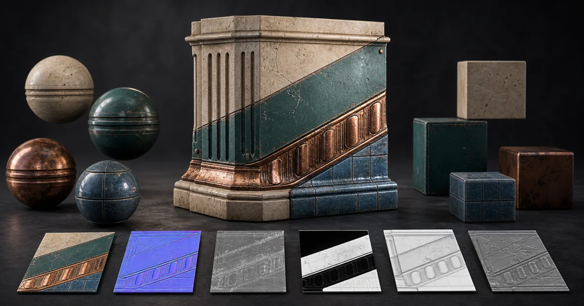 Architectural material test object with stone, teal paint, copper, ceramic, matching spheres, cubes, and six PBR texture-map samples