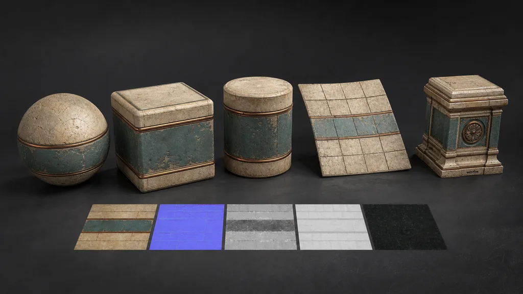 One stone, teal paint, and copper material tested on a sphere, bevelled cube, cylinder, tiled plane, architectural prop, and matching texture maps