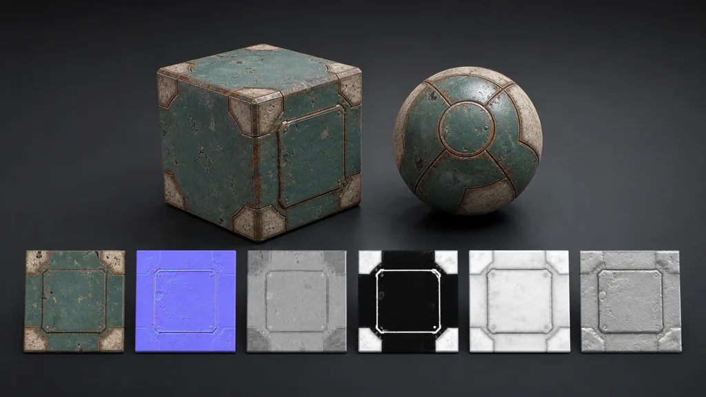 Weathered teal material on a bevelled cube and sphere above aligned base-colour, normal, roughness, metalness, AO, and height maps