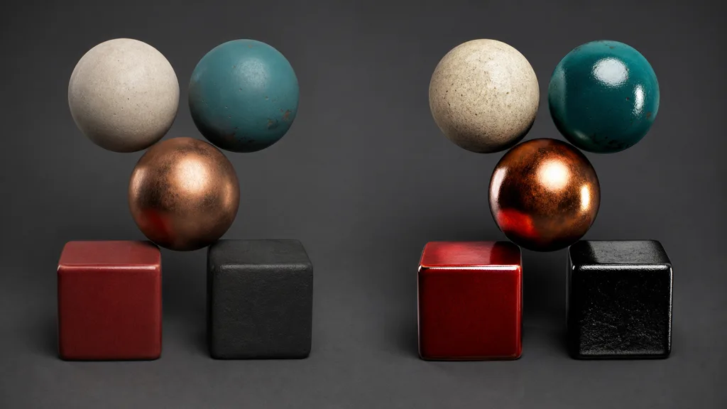 Two matching groups of stone, teal paint, copper, red ceramic, and rubber materials showing balanced response beside crushed and overly glossy texture interpretation