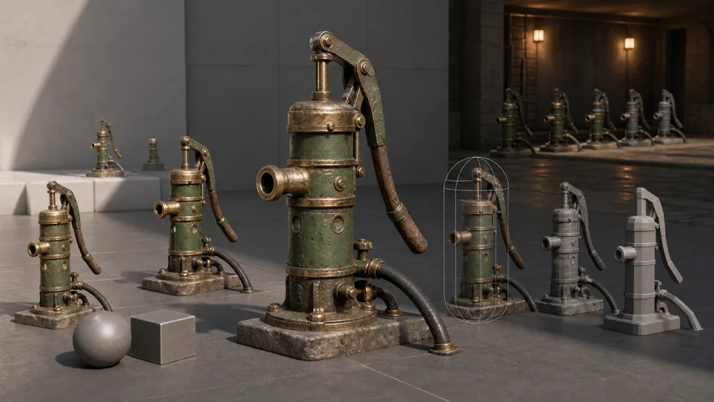 The same weathered pump tested at several sizes, with collision bounds, simplified LODs, neutral material shapes, and repeated placement across bright and dim game-engine lighting