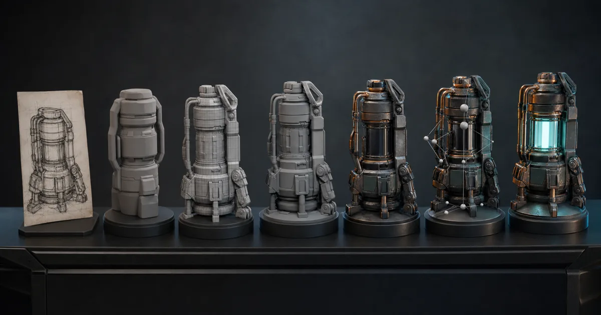 The same sci-fi field generator progressing from a paper concept and clay blockout through clean topology, materials, rig testing, and a finished illuminated prop