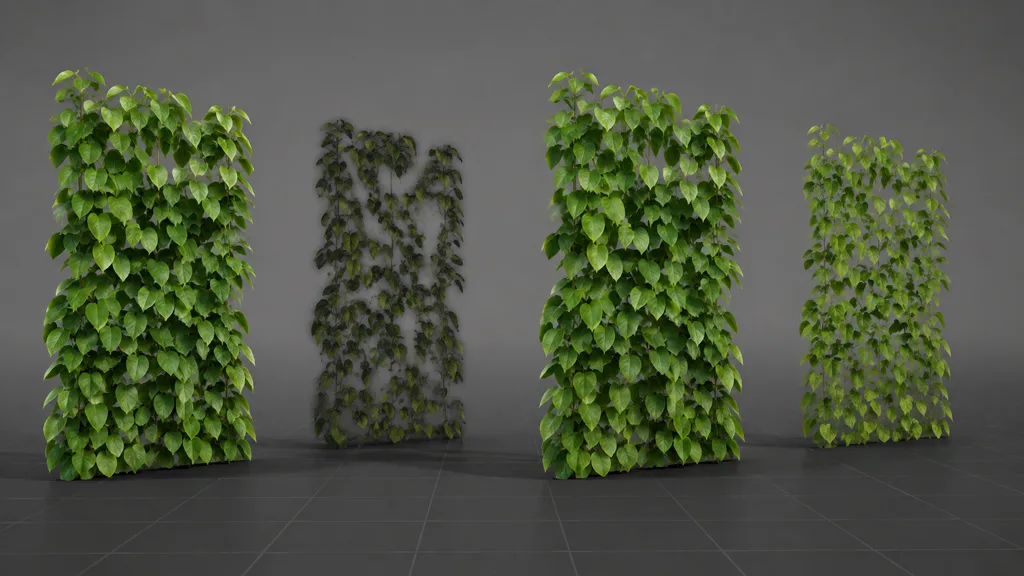 Near and distant foliage card pairs comparing dark thinned edges with clean stable green coverage