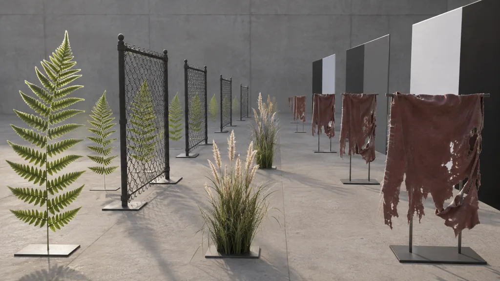 Validation yard with fern, fence, grass, and torn-fabric cutouts repeated across distance against light and dark panels