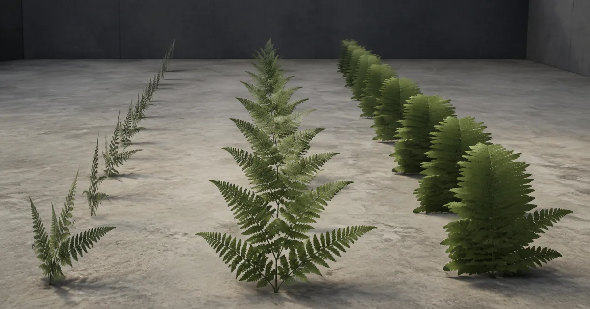 Three rows of fern cards showing lost, stable, and excessive alpha coverage across distance