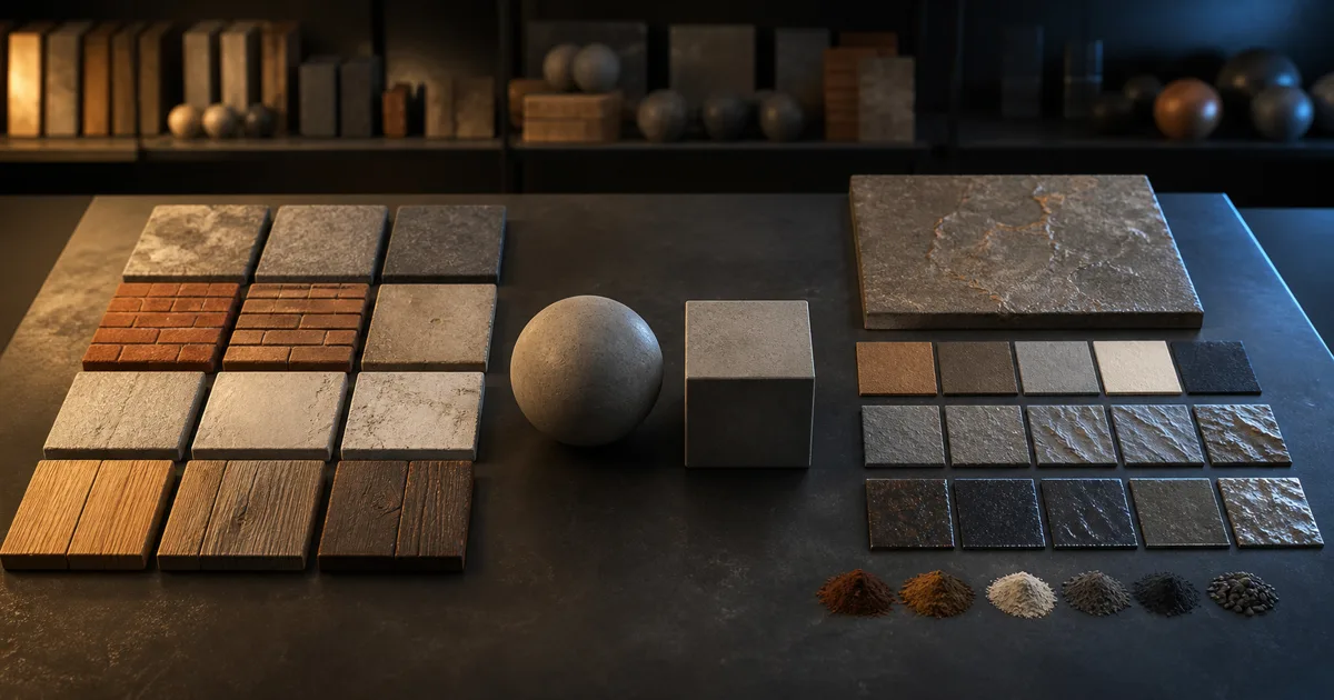 Material artist workbench with rows of stone wood brick and plaster samples beside a custom material study