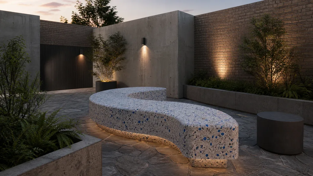 Modern courtyard using common wall and paving materials around a curved blue glass composite bench