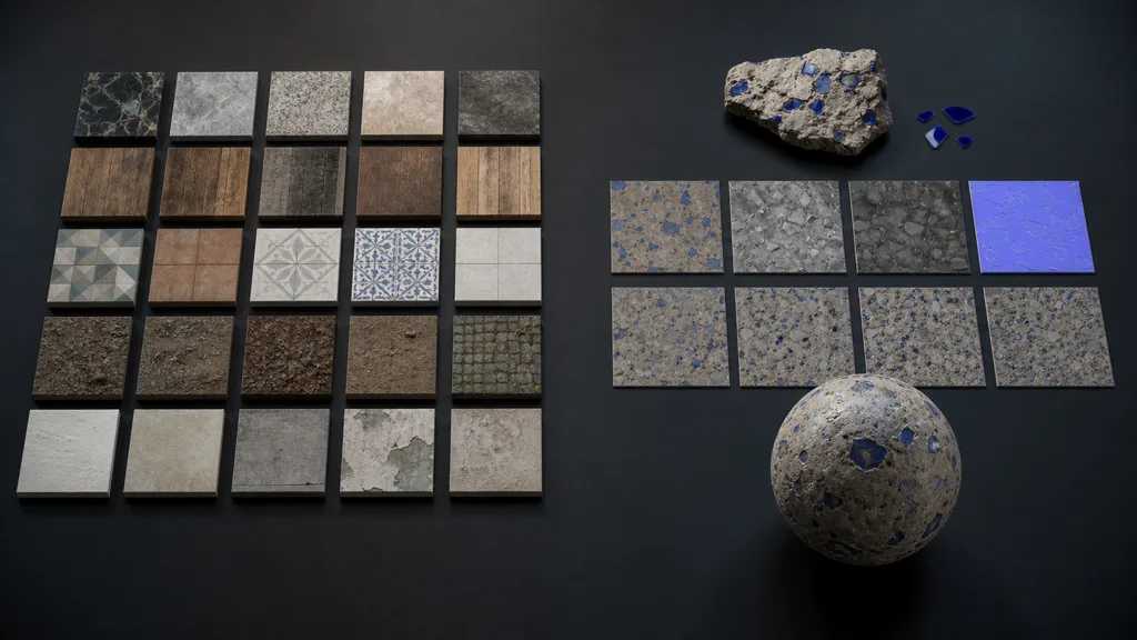 Rows of ready-made library materials beside a custom blue aggregate composite developed into coordinated PBR swatches