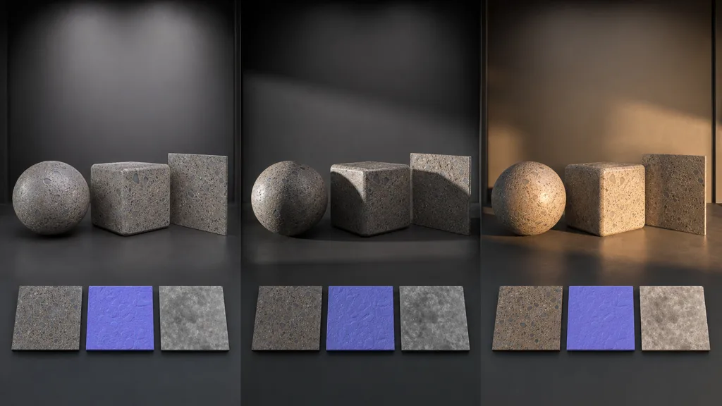 Composite material tested on spheres cubes and planes under soft grazing and warm lighting with aligned map swatches