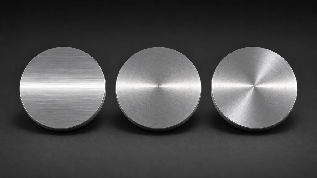 Three matching aluminum discs with straight, concentric, and radial machining directions producing different highlight patterns