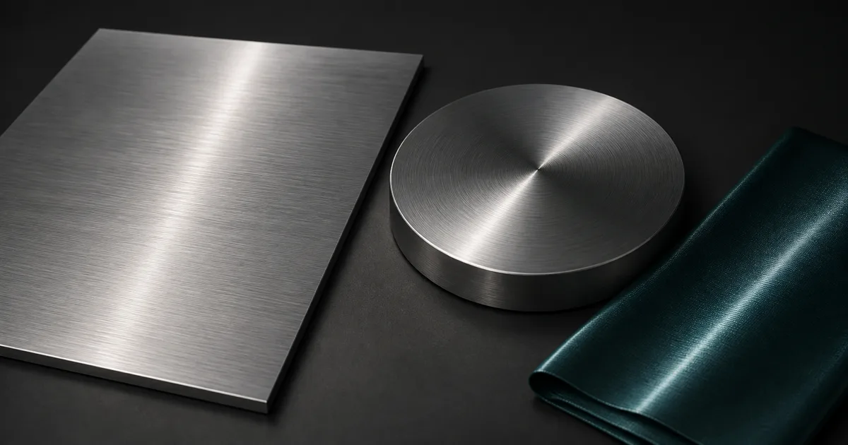 Brushed aluminum plate, concentric machined steel disc, and dark teal satin showing distinct elongated highlights