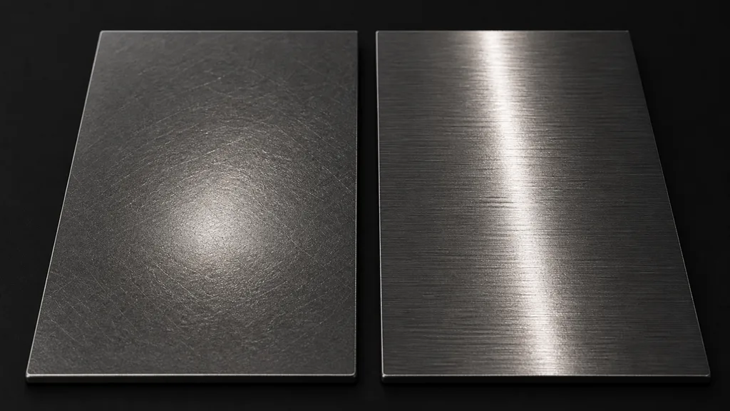 Two steel coupons under one strip light, with a compact highlight on random scratches and a stretched highlight on parallel brushing