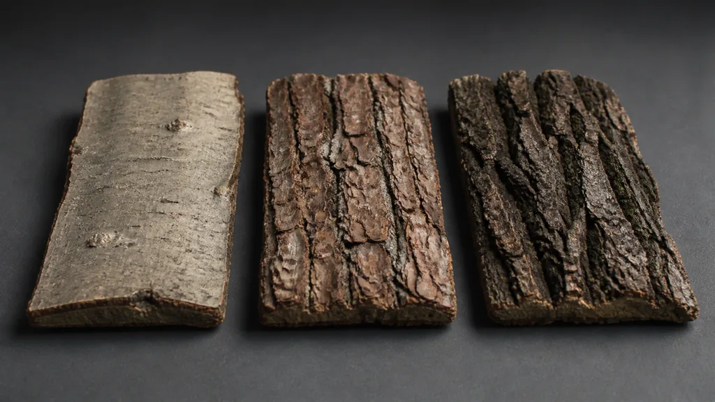 Three bark specimens showing smooth, plated, and deeply ridged structures at a consistent physical scale