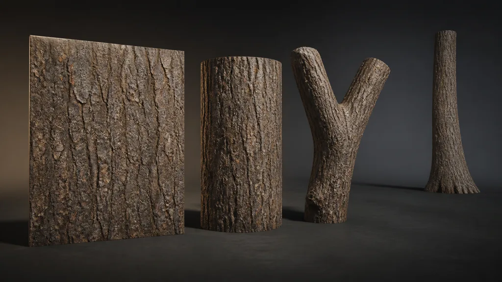 One bark material applied to a plane, cylinder, forked branch, and distant trunk under consistent studio lighting