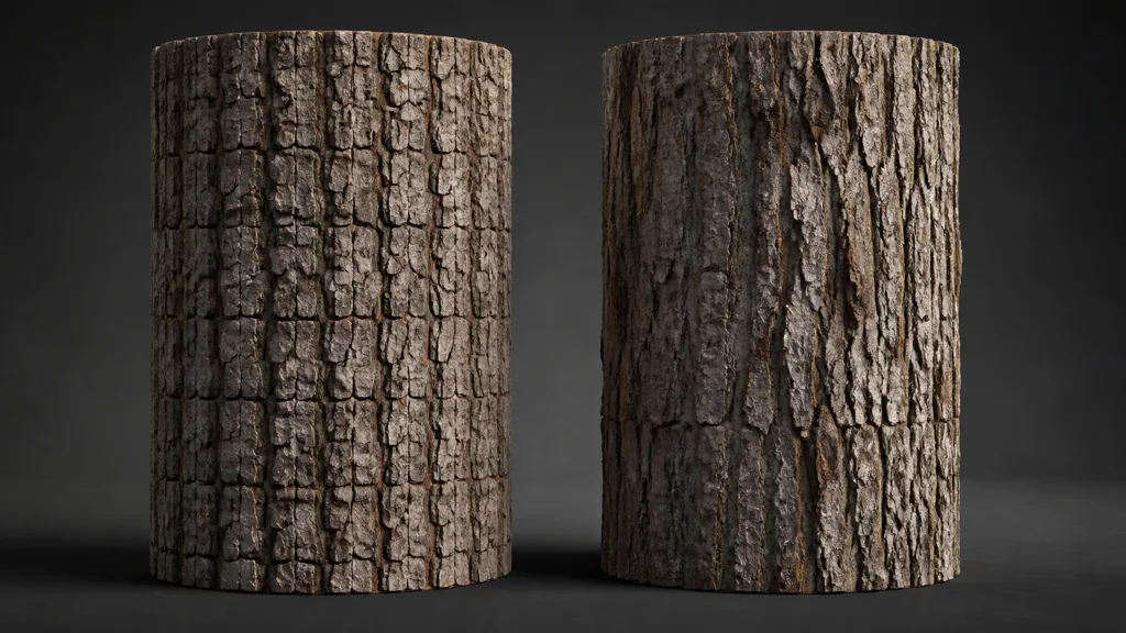 Two bark-covered trunk cylinders comparing a stamped grid with varied vertical flow and larger-scale breakup